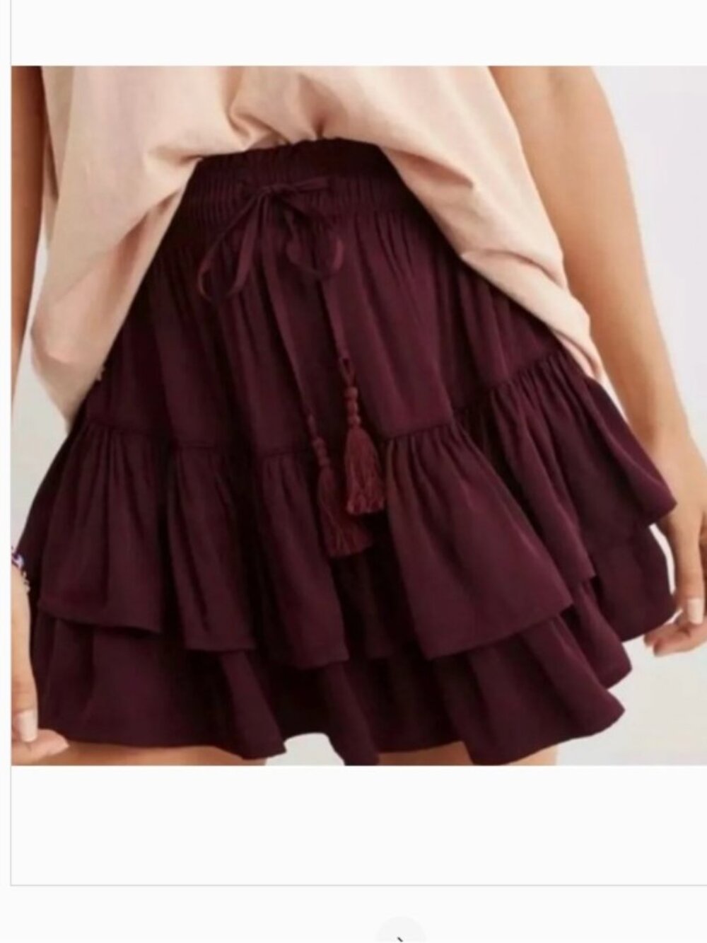 aerie Burgundy/Eggplant Tiered Ruffle Mini Skirt with Elastic Drawstring Waist